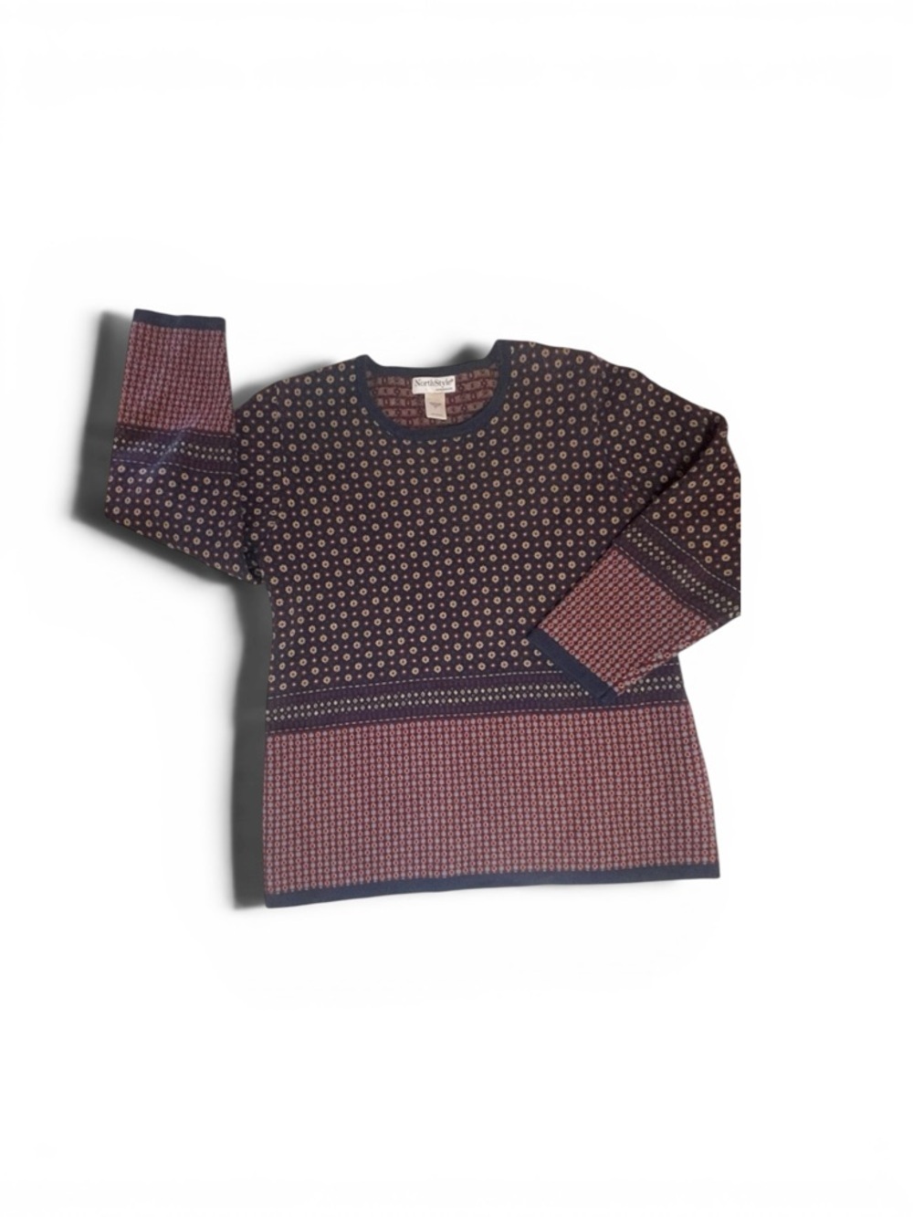 NorthStyle Navy and Burgundy Geometric Crewneck Sweater